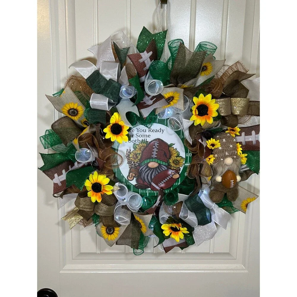 Handmade Football Gnome Ribbon Welcome Door Wreath Leaf 22 in LED Fall W4